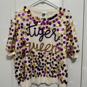 NWOT Queen of Sparkles Tiger Queen Sequin LSU short sleeve sweater Size L